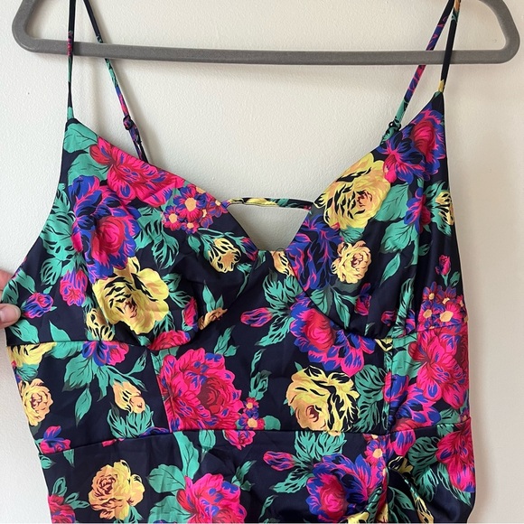 SHEIN BAE Curve 1XL Floral Satin Midi Slip Dress Black Multicolor Ruched - Picture 2 of 9